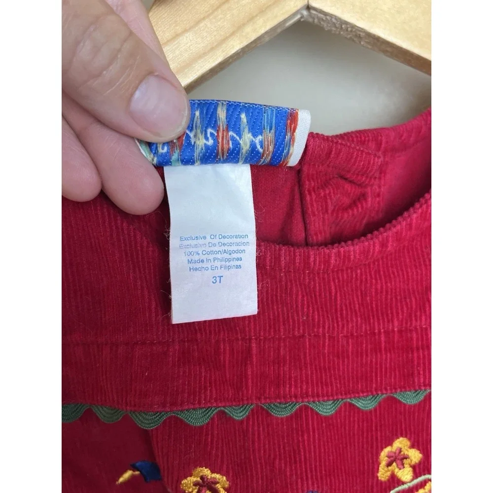 Samara Vtg 90's Red Corduroy Jumper Dress Embroidered Floral Girls 3T Cotton